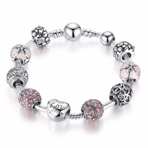 Ronux jewel heart and flower bead pink and silver charm bracelet, friendship bracelet