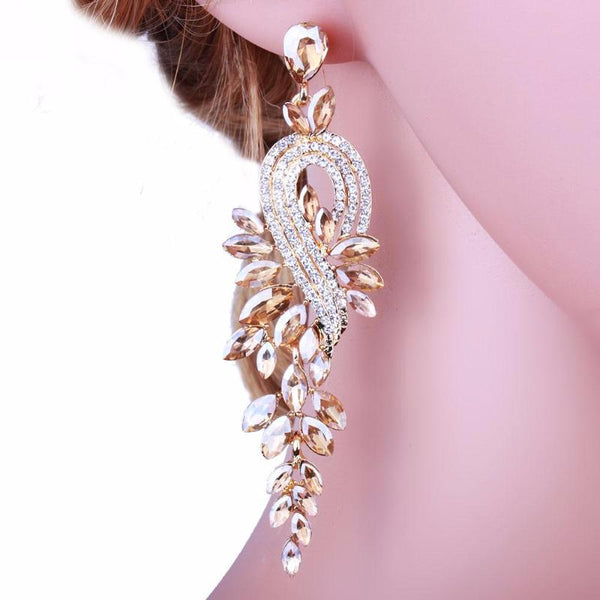 Ronux Jewel trendy sparkling long earrings for women, luxury fashion clear champagne crystal leaf long large drop earrings, Party earrings