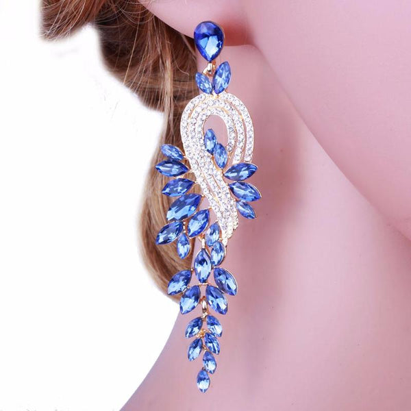 Ronux Jewel trendy sparkling long earrings for women, luxury fashion clear blue crystal leaf long large drop earrings, Party earrings