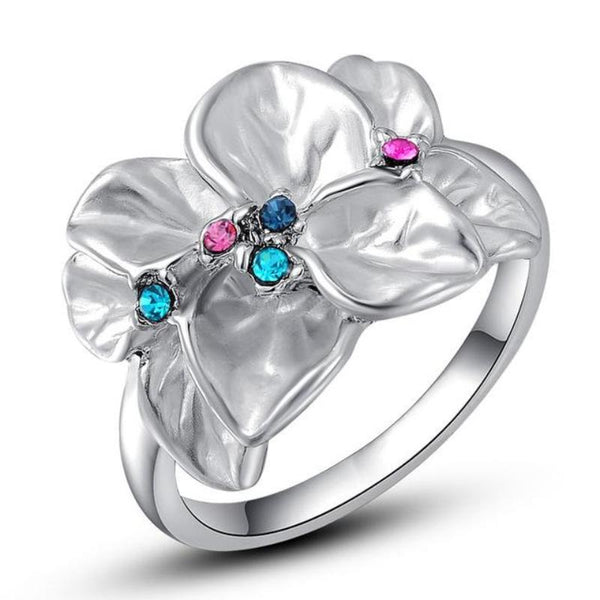 Ronux Jewel affordable trendy women silver flower leaves ring with colourful crystals and rhinestone 
