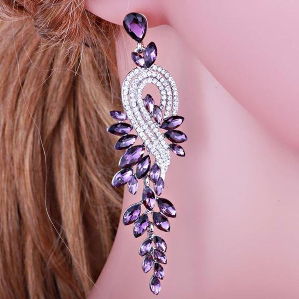 Ronux Jewel trendy sparkling long earrings for women, luxury fashion clear purple crystal leaf long large drop earrings, Party earrings