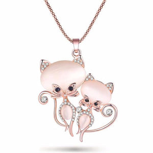 Ronux Jewel unique cute two loving pink cats long chain pendant necklace with sparkling crystals