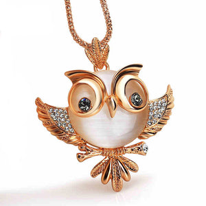 Ronux Jewel gold colour cute owl bird crystal long chain pendant necklace, animal lover accessories