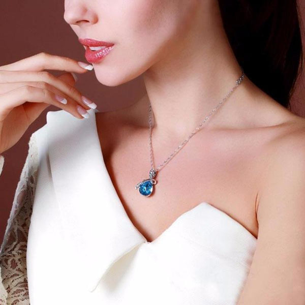 Ronux jewel blue crystal water drop shape silver pendant necklace with cubic zirconia stones 