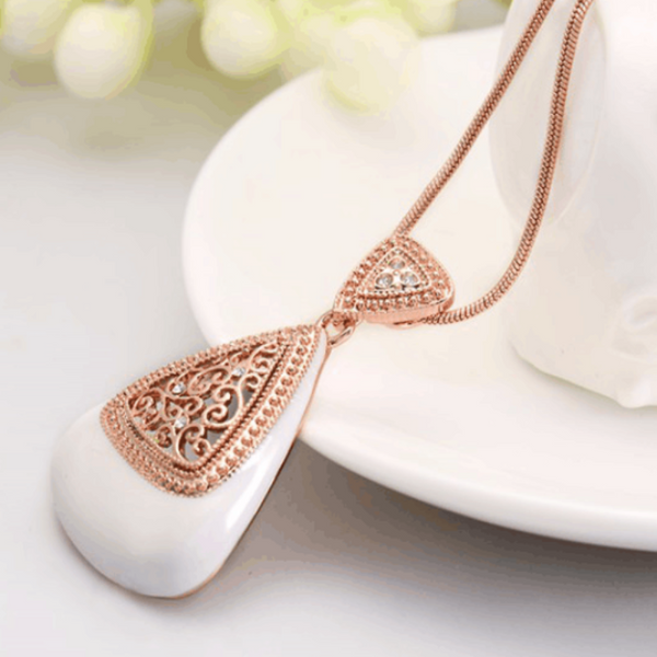 Ronux Jewel fashionable rose gold necklace with rhinestone and cream enamel crafts pendant for women