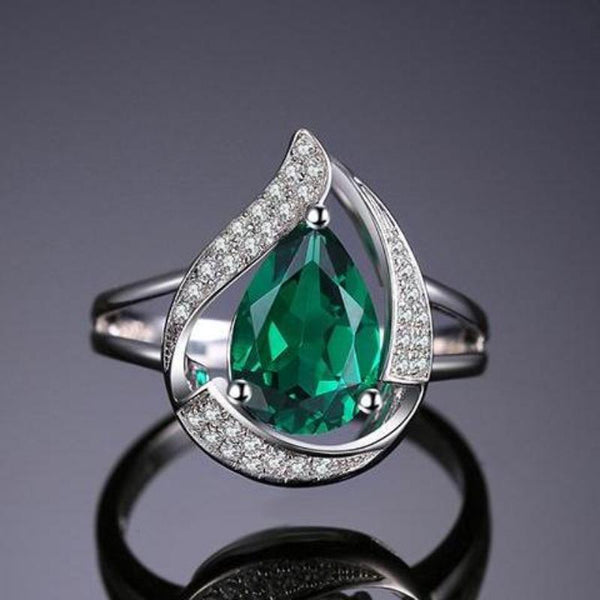Ronux Jewel women bridal sterling silver luxurious ring, real green emerald gemstone water drop ring, wedding ring, engagement ring