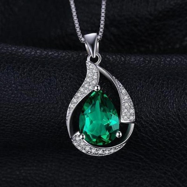 Ronux Jewel women sterling silver luxurious pendant necklace, real green emerald gemstone water drop necklace