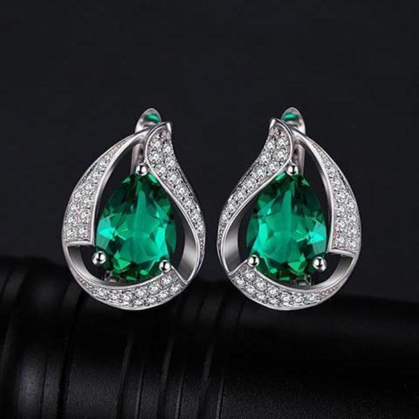 Ronux Jewel Women Bridal sterling silver luxurious clip earrings, real green emerald gemstone water drop clip earrings