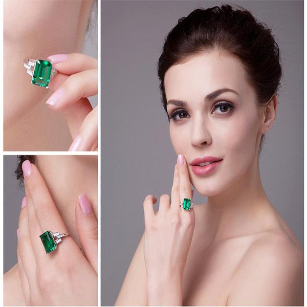 Ronux jewel women 925 sterling silver classic green emerald gemstone luxury wedding ring, fine bridal jewellery
