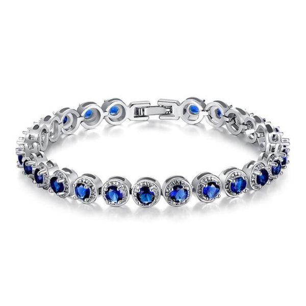 Ronux jewel women silver round cut chain bracelet with blue cubic zirconia stones, gemstone bracelet