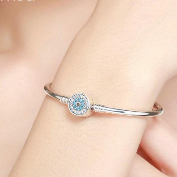 Ronux jewel women 925 sterling silver lucky blue eyes bangle bracelet with cubic zirconia stones, luxury jewellery 