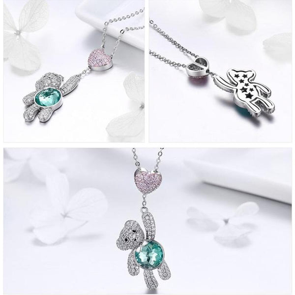 Ronux jewel 925 sterling silver bear shape pendant necklace with pink and green cubic zirconia stones