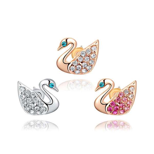 Ronux Jewel fashion small stud earrings, animal lovers cute earrings, women swan bird shape rose gold and silver stud earrings with clear and pink crystals