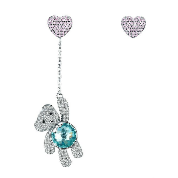 Ronux jewel 925 sterling silver bear and heart shape stud earrings with pink and green cubic zirconia stones