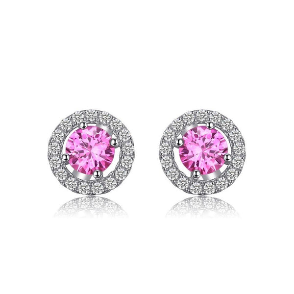 Ronux jewel women 925 sterling silver classic stud earrings with pink round sapphire, gemstone jewellery