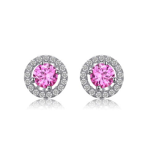 Ronux jewel women 925 sterling silver classic stud earrings with pink round sapphire, gemstone jewellery
