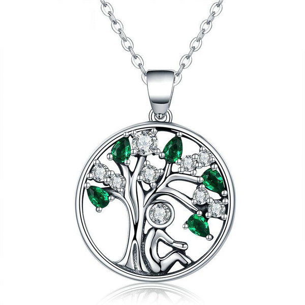 Ronux jewel 925 sterling silver family life tree round shape pendant necklace with green and clear cubic zirconia for women