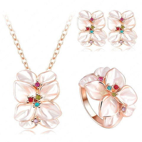 Ronux Jewel women trendy cheap bridal floral colourful rose leaves shape rose gold 3 piece Jewellery Set including pendant necklace, ring and earrings