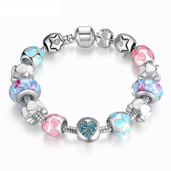 Ronux jewel heart and flower and star bead blue and silver and pink crystal love charm bracelet, friendship bracelet