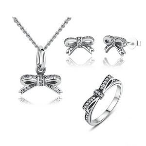 Ronux Jewel women bow shape 3 piece jewellery gift set including pendant necklace, ring and stud earrings