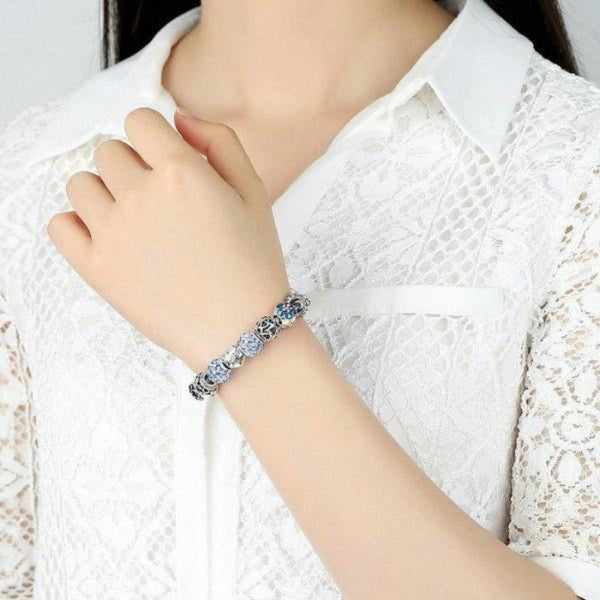 Ronux jewel heart and flower bead blue and silver crystal charm bracelet, friendship bracelet