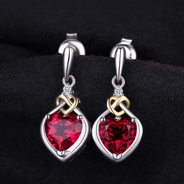 Ronux Jewel bridal gemstone jewellery gift set, sterling silver luxurious heart shape red ruby dangle earrings