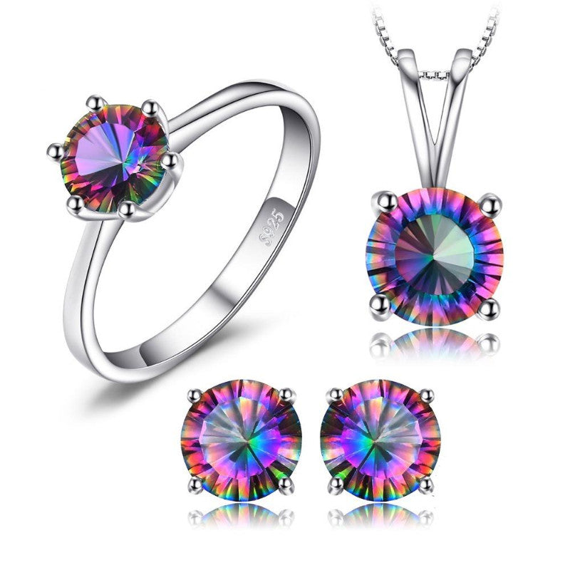 Ronux Jewel bridal gemstone jewellery gift set, sterling silver luxurious round shape rainbow mystic topaz 3 piece Jewellery Set including pendant necklace, ring, stud earrings
