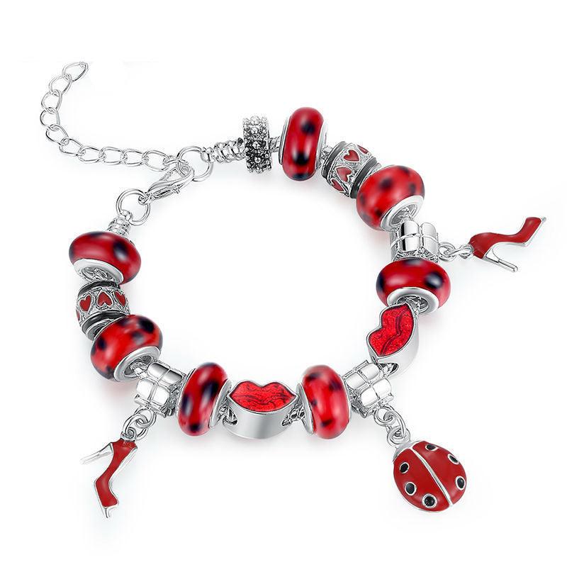 Ronux jewel lady bird and red lip and high heels beads charm bracelet for women, friendship bracelet