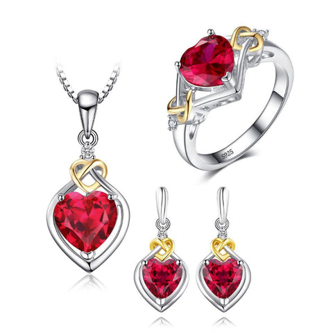 Ronux Jewel bridal gemstone jewellery gift set, sterling silver luxurious heart shape red ruby 3 piece Jewellery Set including pendant necklace, ring, dangle earrings