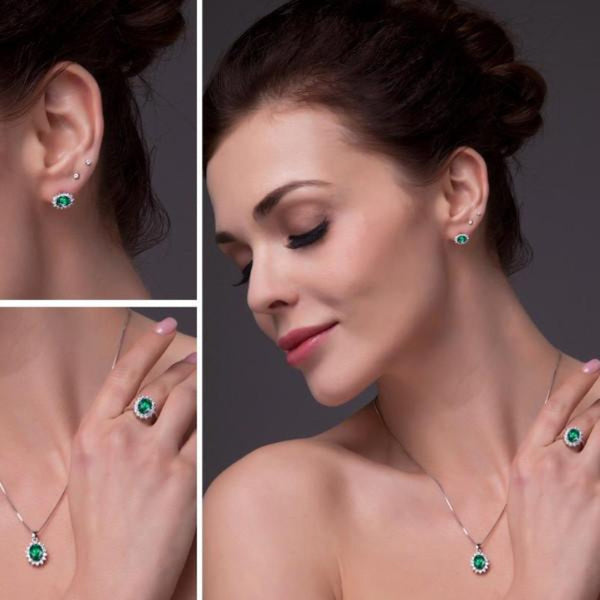Ronux Jewel bridal gemstone jewellery gift set, sterling silver luxurious oval shape green Emerald 3 piece Jewellery Set including pendant necklace, ring, stud earrings
