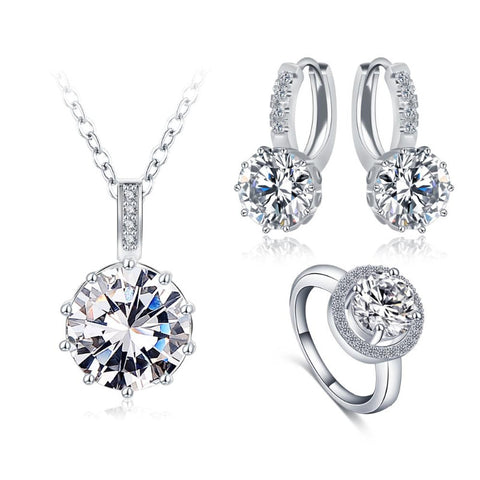 Ronux Jewel women trendy bridal jewellery set, Silver crystal classic round shape 3 piece Jewellery Set including pendant necklace, ring and earrings