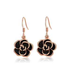 Ronux Jewel women rose gold black rose flower shape drop earrings for everyday wear, rose gold flower drop earrings