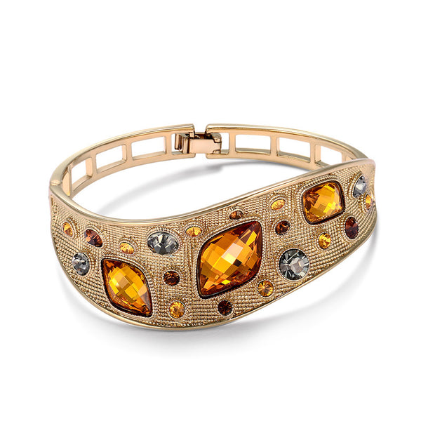 Ronux jewel fashionable coffee gold vintage thick bangle with orange crystals and colourful rhinestones for women