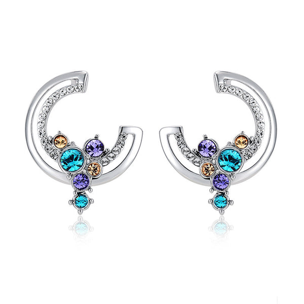 Ronux jewel Trendy luxury unique screw back Moon crescent Stud Earrings with Hanging Colourful Rhinestones for women