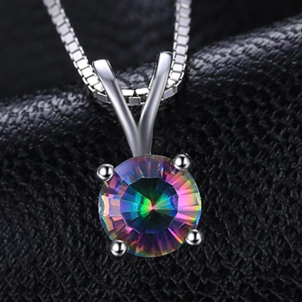 Ronux Jewel bridal gemstone jewellery gift set, sterling silver luxurious round shape rainbow mystic topaz pendant necklace