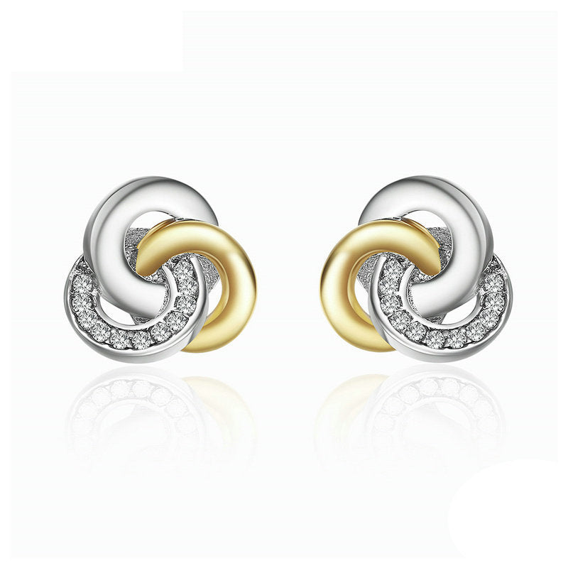Ronux jewel women 925 sterling silver love knot gold and silver stud earrings, interlinked circles gold and silver cubic zirconia stud earrings 