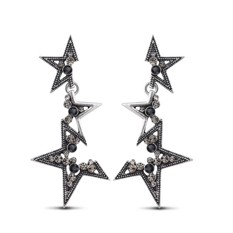 Ronux jewel modern linked stars silver drop earrings, vintage long earrings for women
