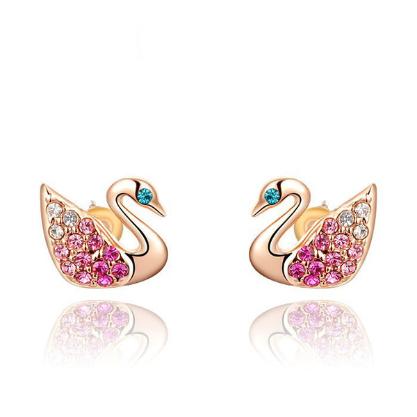 Ronux Jewel fashion small stud earrings, animal lovers cute earrings, women swan bird shape rose gold stud earrings with pink crystals